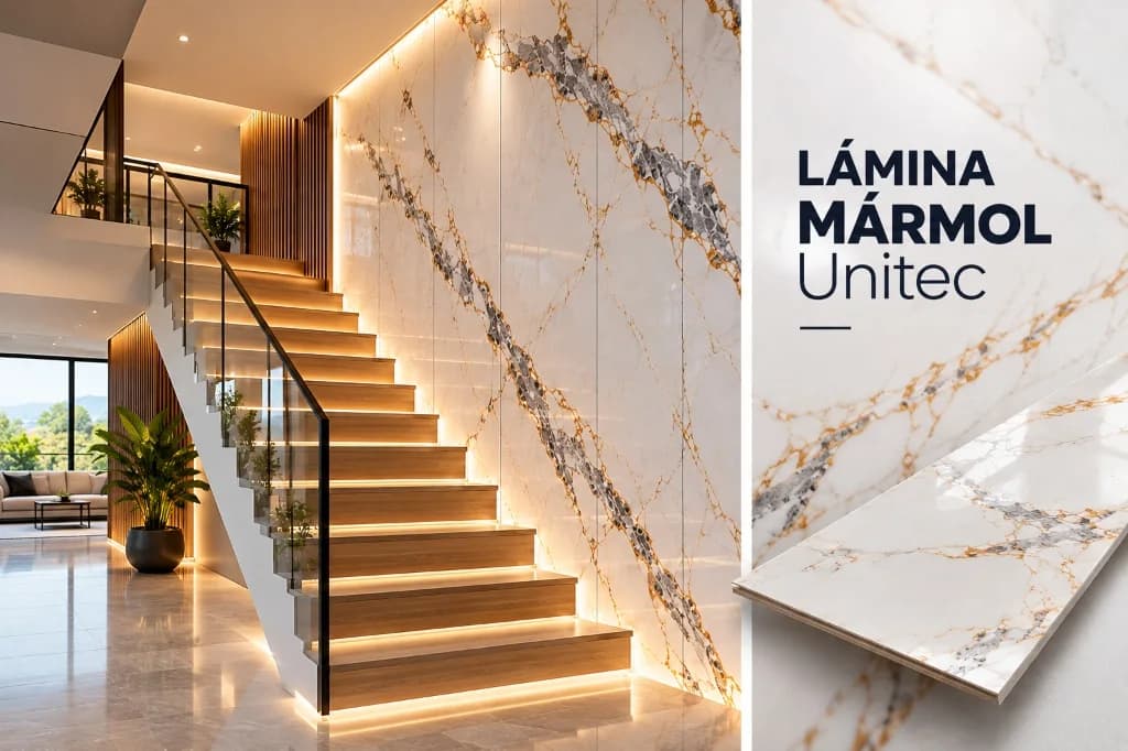 Lámina de mármol PVC UNITEC instalada en pared de escalera moderna con iluminación cálida