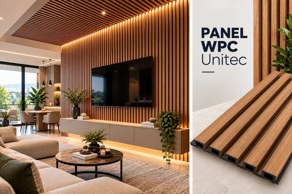 Panel WPC de interior UNITEC instalado en sala moderna con iluminación cálida