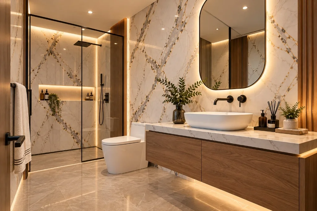 Baño y ducha revestidos con lámina de mármol PVC blanco impermeable instalada por UNITEC